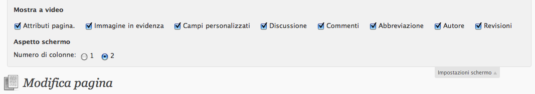Impostazioni schermo - campi visualizzati