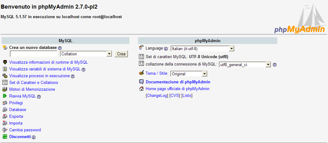 phpmyadmin schermata iniziale