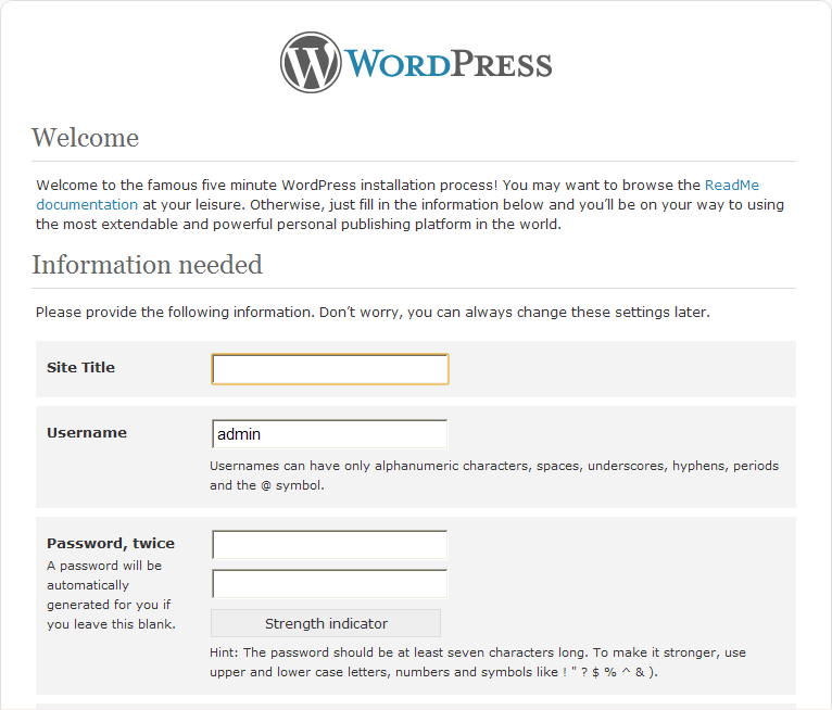 wordpress inserimento informazioni iniziali