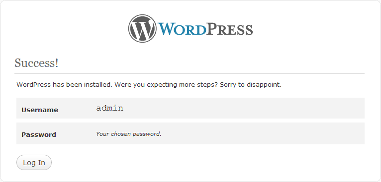 wordpress installazione completata con successo