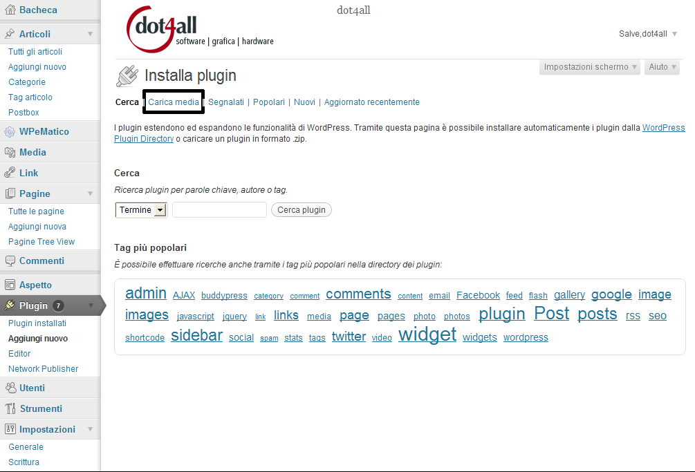 wp installazione manuale plugin carica media