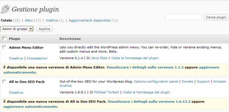 wordpress messaggio aggiornamento plugin