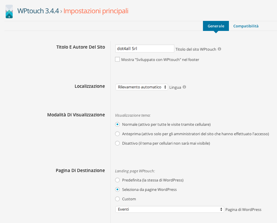 wpTouch impostazioni principali