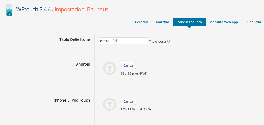 wpTouch impostazioni tema icone