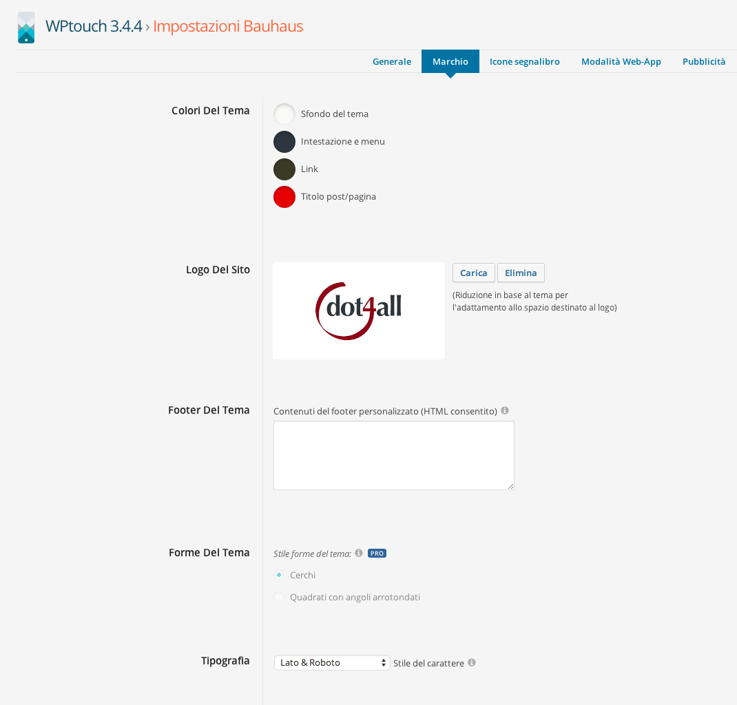 wpTouch impostazioni tema logo