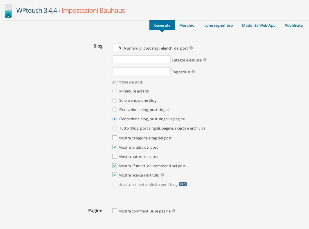 wpTouch impostazioni tema