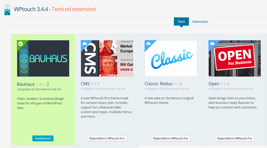wpTouch temi ed estensioni