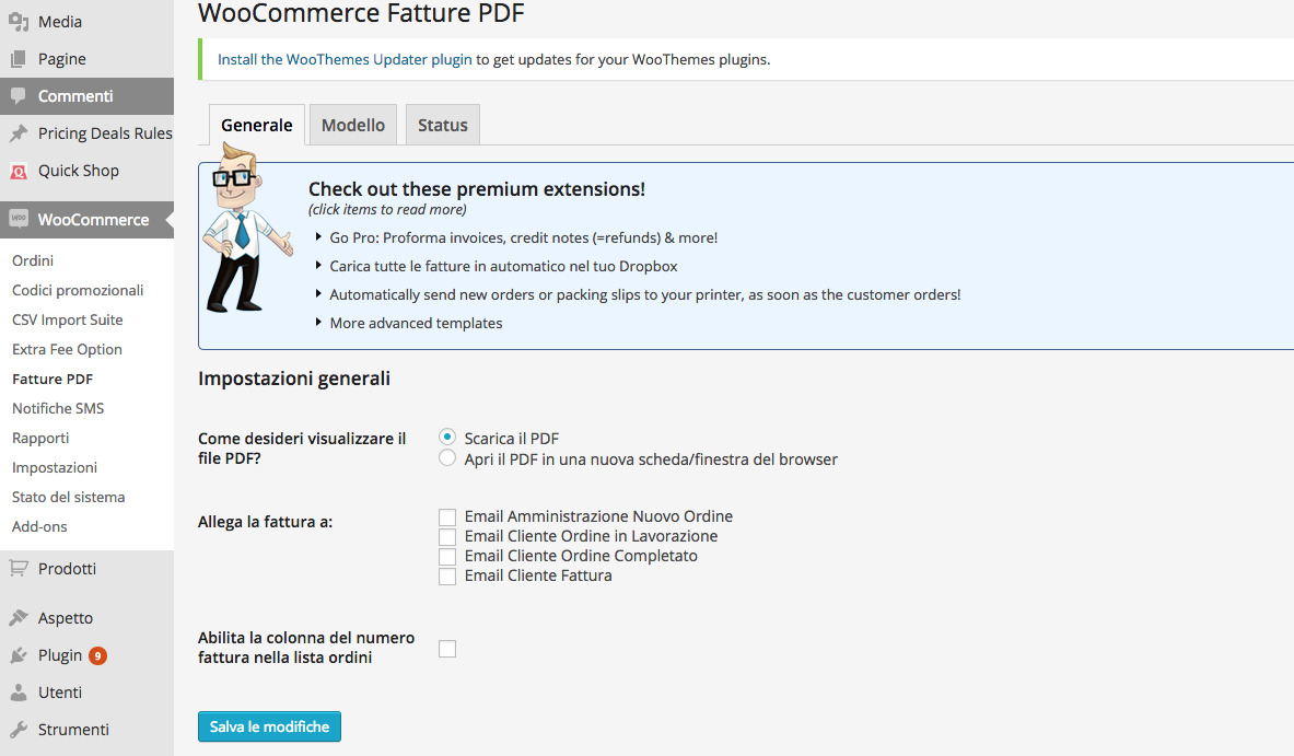 Schermata Impostazioni del plugin WooCommerce PDF Invoices & Packing Slips